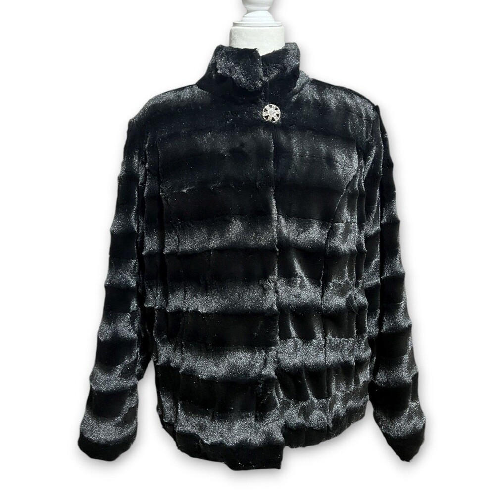 Dennis Basso Women's Black Horizontal Pelted Faux Fur Coat Eveningwear Glam XL